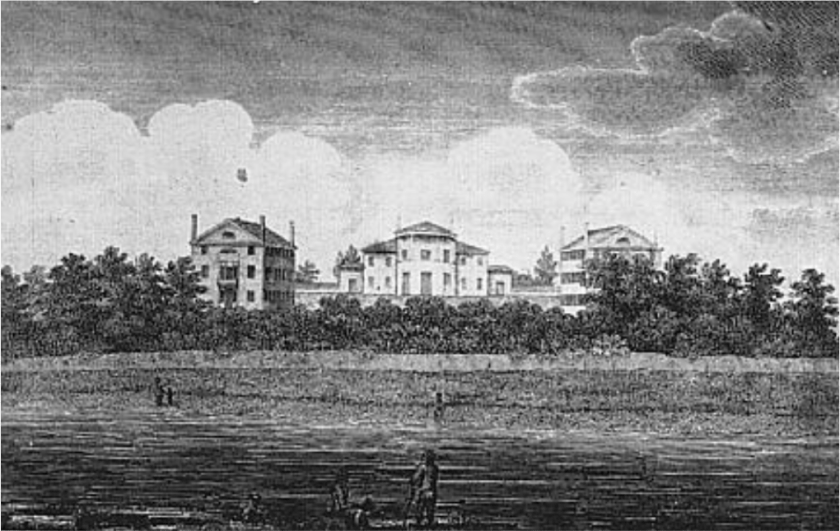 Abel Bowen's drawing of The Asylum in 1825 as depicted in Caleb Snow's History of Boston, 1825